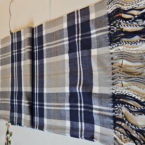 Elegant Navy Plaid Cashmere Scarf with Fringe Brand New 72" X 12"